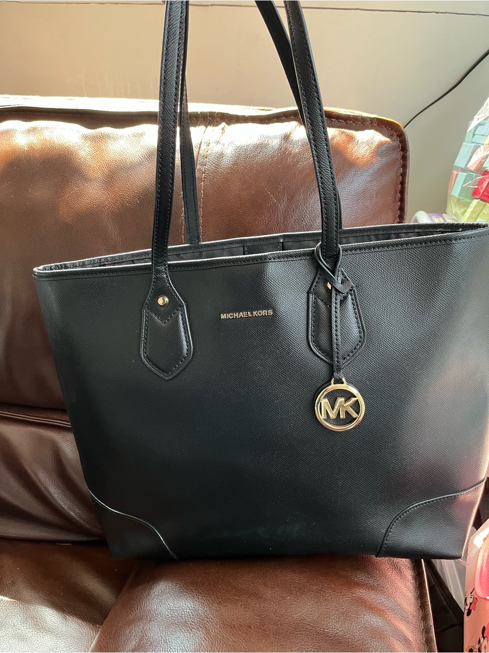 Michael Kors Black Saffiano Leather Tote with Gold Logo Charm